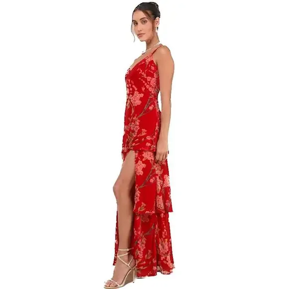 Lulus I Love You Amore Red Floral Velvet Tiered Maxi Dress Size M